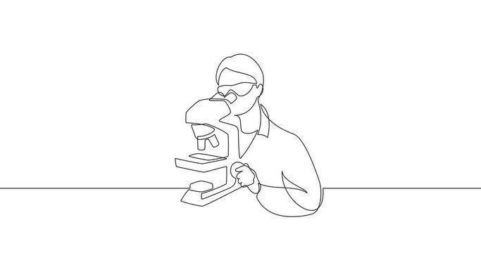 Animation of an image drawn with a continuous line. Woman working with a microscope. Scene in a medical or chemical laboratory.