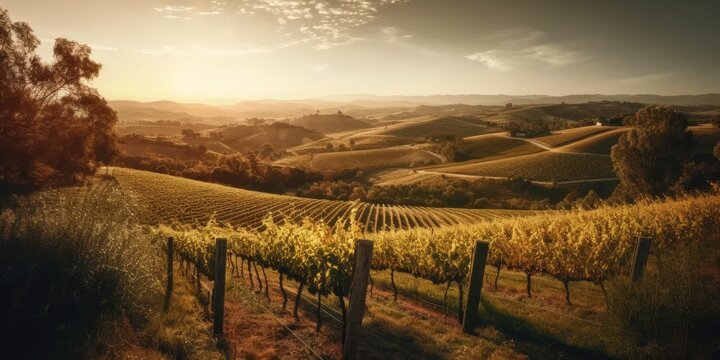 A panoramic view of rolling hills and vineyard