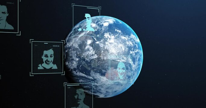 Animation of biometric photos and data processing over globe