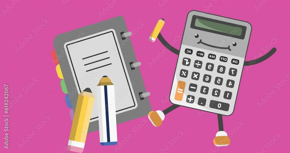 Poster animation of school items with calculator and notebook on pink background