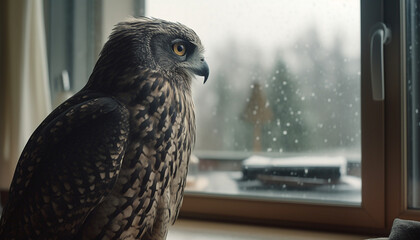 Hawk perching on wet branch, watching snow generated by AI