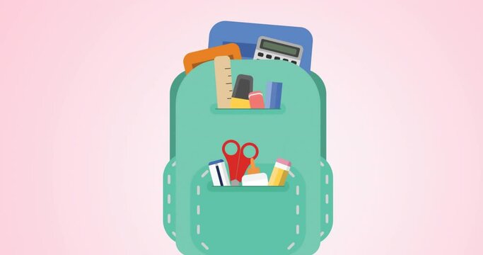 Animation of school bag with school items on pink background