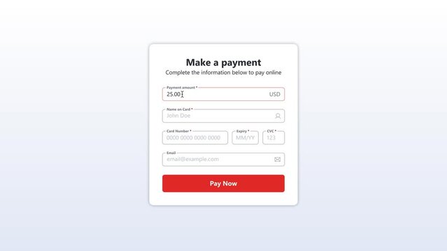 Payment Form Screen Animation. Website page with fields Payment Amount, Card Number and Email. Animated template for UI Design. 4k Video