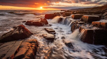 Obraz premium Water waves crashing over the rocks at sunset