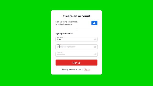 Sign up Form Screen Animation. Website page with fields Username, Email and Password. Animated template for UI Design. Green Screen. 4k Video