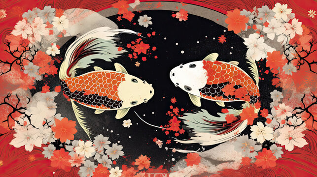 Vector image of an carp koi on Japanese background,Ai generative