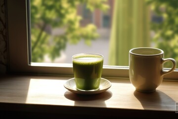 Green matcha tea drink on windowsill, AI Generated
