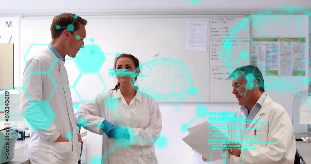 Poster animation of computer language, brains over diverse scientists discussing in laboratory