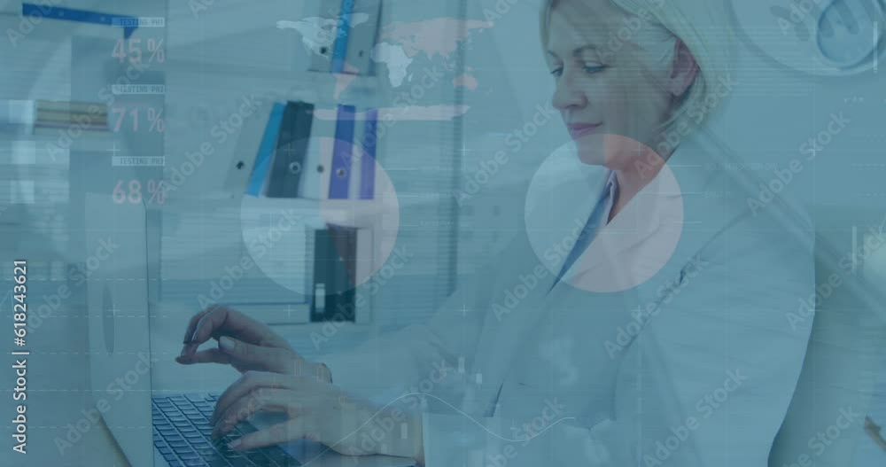 Sticker Animation of infographic interface over caucasian female doctor typing on keyboard of laptop