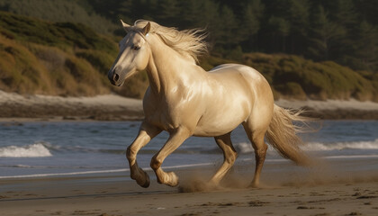 The majestic stallion runs free in nature generated by AI