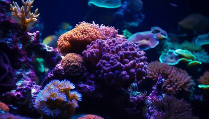 Naklejka na ściany i meble Colorful clown fish swim among vibrant coral generated by AI