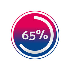 65 percent circle chart, isolated symbol. Vector red blue gradient element. Percentage Infographic sign. Illustration, icon for business, finance, progress, report, web design, download