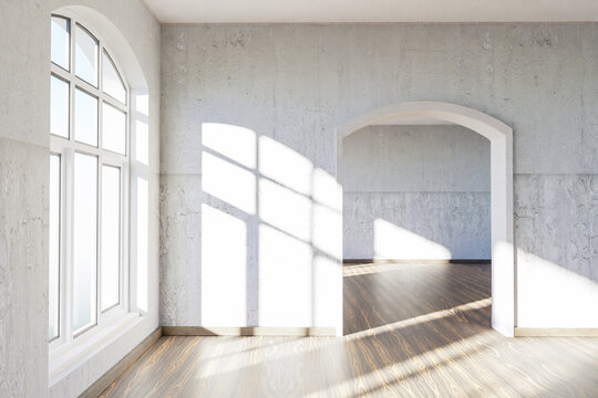 luxurious loft apartment with arched window and minimalistic interior living room design; 3D Illustration