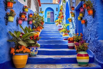 Fototapeta na wymiar Colourful Flowerpot Decorations on Blue Staircase and Wall in Chefchaouen Medina, Morocco. Vibrant Arabic Architecture on Beautiful Street in Africa. Generative AI