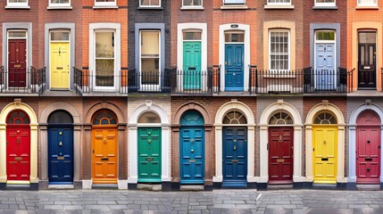 Colourful Irish Doors of Dublin. Panoramic Collection of Georgian Landmarks in Rainbow Colours, Ireland. Generative AI