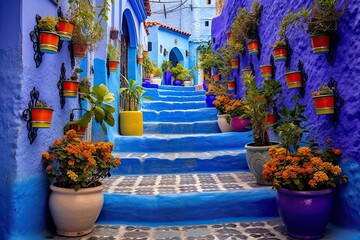 Fototapeta na wymiar Colourful Flowerpot Wall on Blue Staircase in Chefchaouen Medina, Morocco: Decorative Street Architecture with Arabic Style