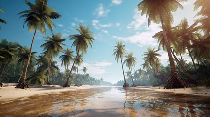 Obraz premium A Beautiful Beach with Coconut Trees at Sunset Copy Space of Summer Vacation and Travel Concept, Tropical Paradise Beach with White Sand and Palm Trees.