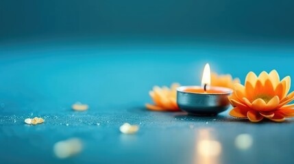 Obraz na płótnie Canvas Diwali Holiday - Burning Candle with Lotus Lily
