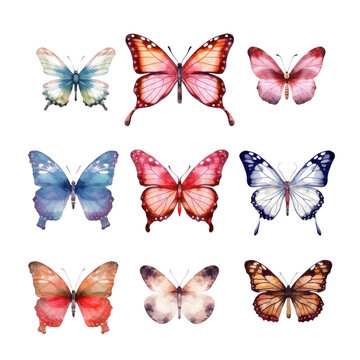 set of butterflies watercolor isolated on transparent background cutout