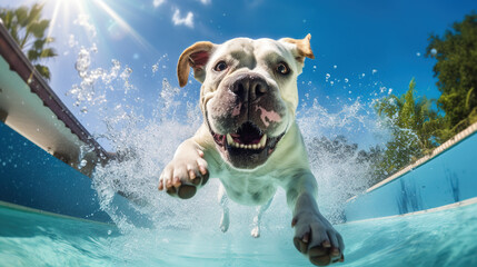 A Funny Underwater Portrait, Happy Dog in Swimming Pool Practicing Scuba Diving During Summer Vacation