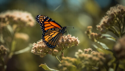 Monarch butterfly pollinates vibrant flower in summer generated by AI