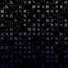 Abstract Matrix background. Random Characters of Chinese Traditional Alphabet. Gradiented matrix pattern. Purple color theme backgrounds. Tileable horizontally. Stylish vector illustration.