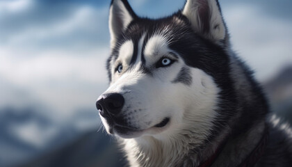 Obraz premium Fluffy sled dog sits in snow, loyal generated by AI