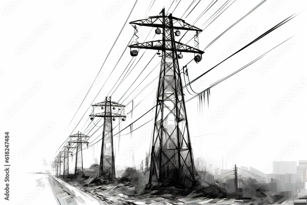 Poster drawing black and white power line isolated on white background. generated by ai.