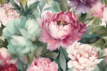 Pattern with watercolor peonies, beautiful colorful peony flowers, digital background. Generative Ai