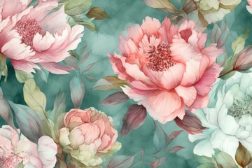 Pattern with watercolor peonies, beautiful colorful peony flowers, digital background. Generative Ai