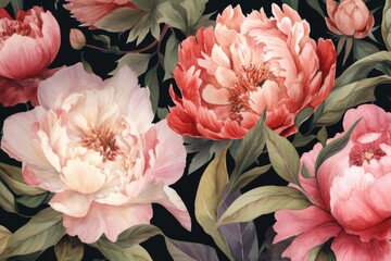 Pattern with watercolor peonies, beautiful colorful peony flowers, digital background. Generative Ai