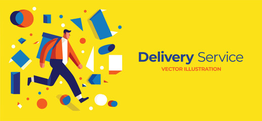 Delivery service concept. Man courier, delivery food to customer copy space. Flat cartoon character in running with special insulated backpack. Vector.