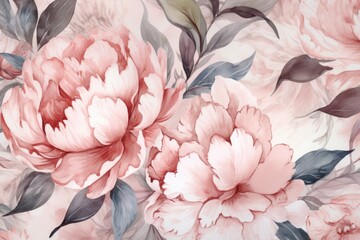 Pattern with watercolor peonies, beautiful colorful peony flowers, digital background. Generative Ai