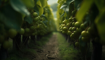 Ripe grapes on vine, a winery bounty generated by AI