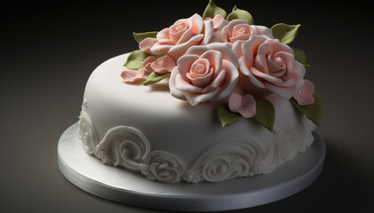 An ornate wedding cake with pink flowers generated by AI