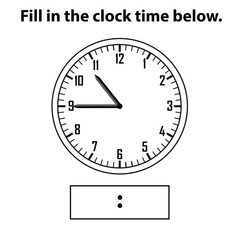 Analog clock. What is the time, write the Learning clock, and math worksheet. Telling the Time Practice for Children Worksheets. Learning analog on the clock. Educational activity.