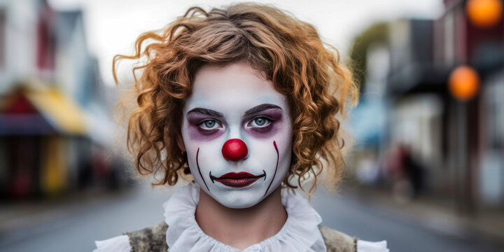Sad clown face girl posing on the street.