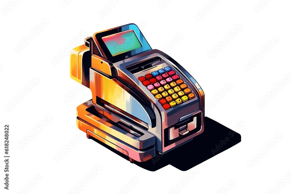 Poster drawing payment terminal isolated on white background. Generated by AI.