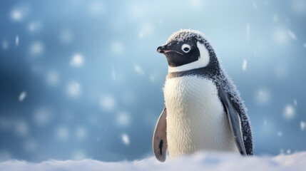 Portrait of a penguin in a snowy landscape. Playful, happy animal. Blurred background. 