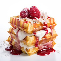 Delicious waffles with raspberries and ice cream, sprinkled with white chocolate chips on whtie background