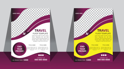 Travel poster or flyer template brochure design layout space for photo background. Yellow Travel flyer template for travel agency end year promo package
