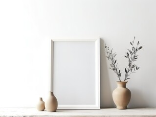 Empty Horizontal Frame Mockup in Modern Minimalist Interior with Plant