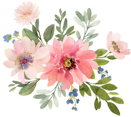 Pink flowers watercolor bouquet illustration - 618249649