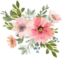 Pink flowers watercolor bouquet illustration - 618249667