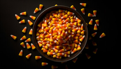 Sweet candy corn fills spooky Halloween bucket generated by AI