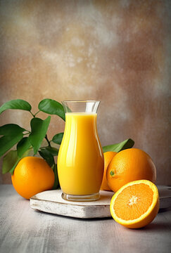 A glass of orange juice and oranges on light stone background. Fresh summer orange lemonade. 