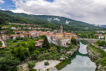 Fototapeta na wymiar Kanal na Soci aerial drone townscape, Slovenia
