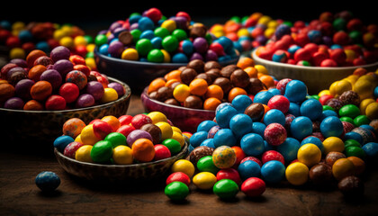 Sweet candy balls in a colorful basket generated by AI