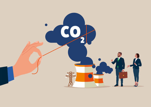 Holding pulling the Carbon, Reducing CO2 Level. Stop air pollution, co2, ecological problems. Cutting harmful industry emissions. Vector illustration
