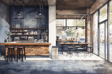 Pencil Sketch with Watercolor Style of Industrial Style Restaurant